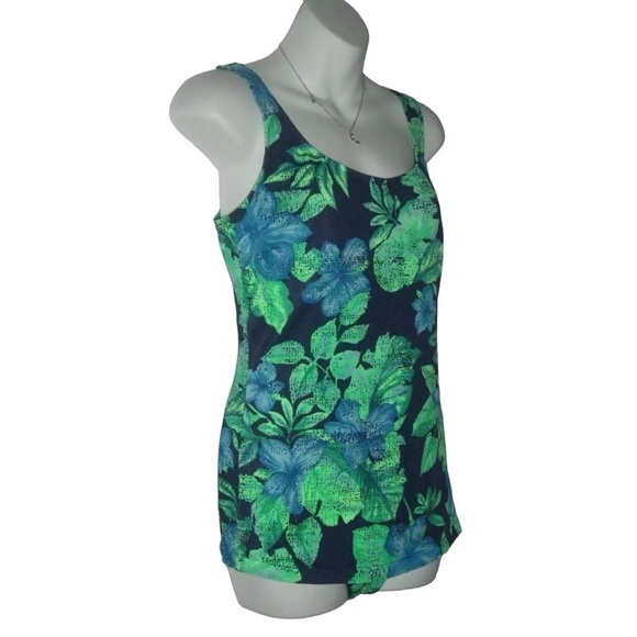 Vintage 70's Unite Bathing Suit Blue Green Tropical Vacation Tankini Swimsuit 14 - Picture 2 of 11